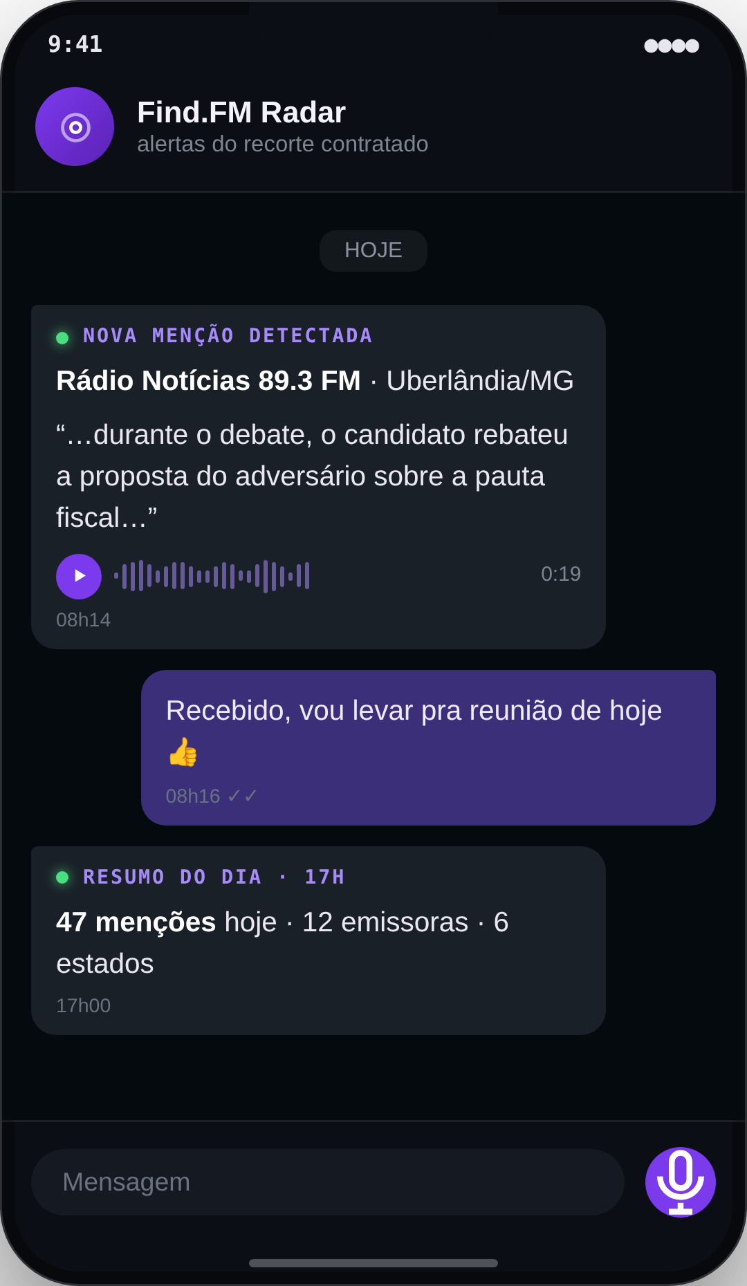 Exemplo de alerta do Radar chegando no WhatsApp, com transcrição e áudio da menção