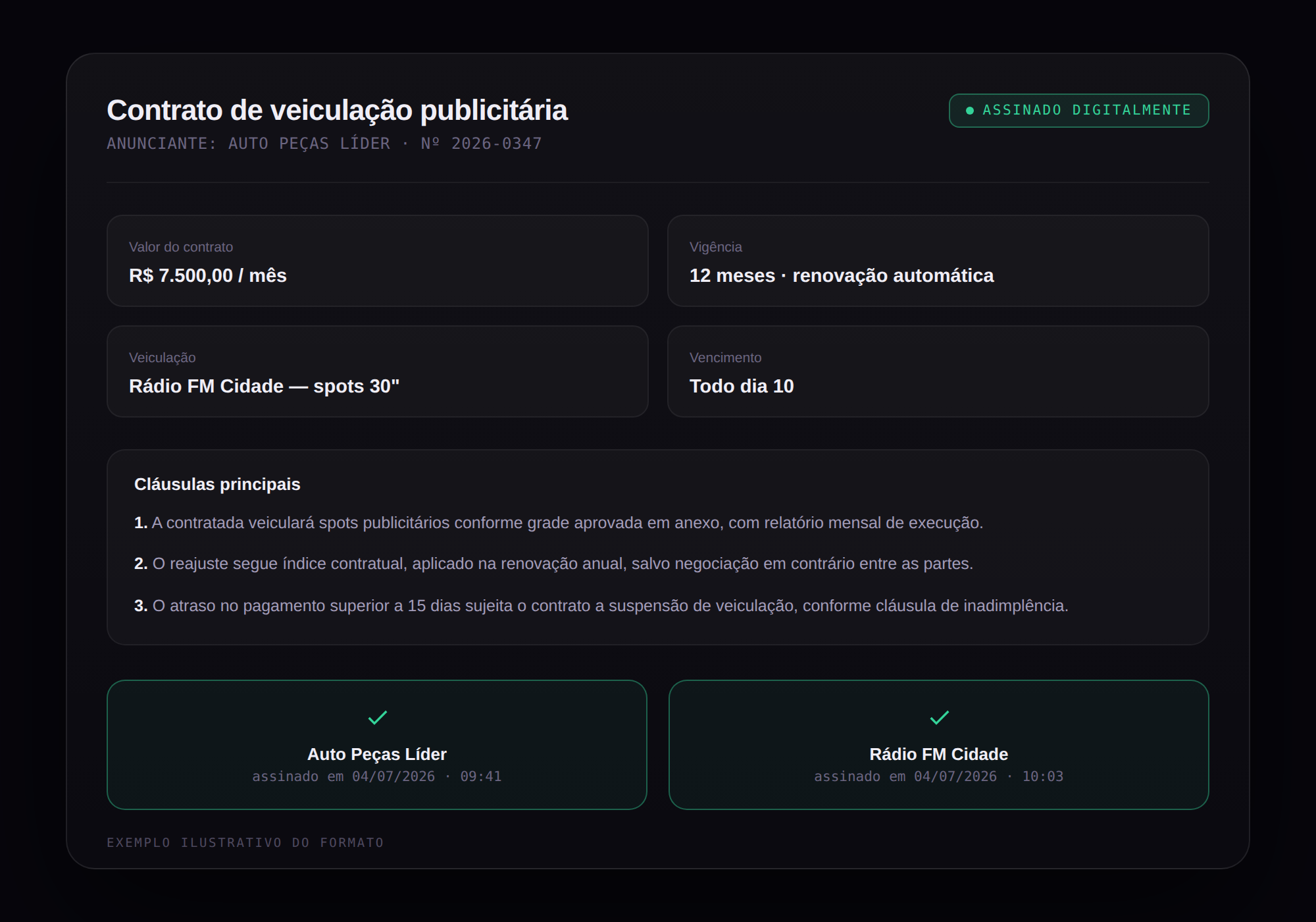 Contrato digital do Smart com cláusulas e assinaturas registradas